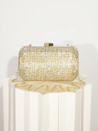 Women's Gold Rhinestone Grid Evening Clutch, Hard Shell Rectangle Purse With Detachable Chain, Luxury Sparkly Style, For Wedding, Party Or Prom