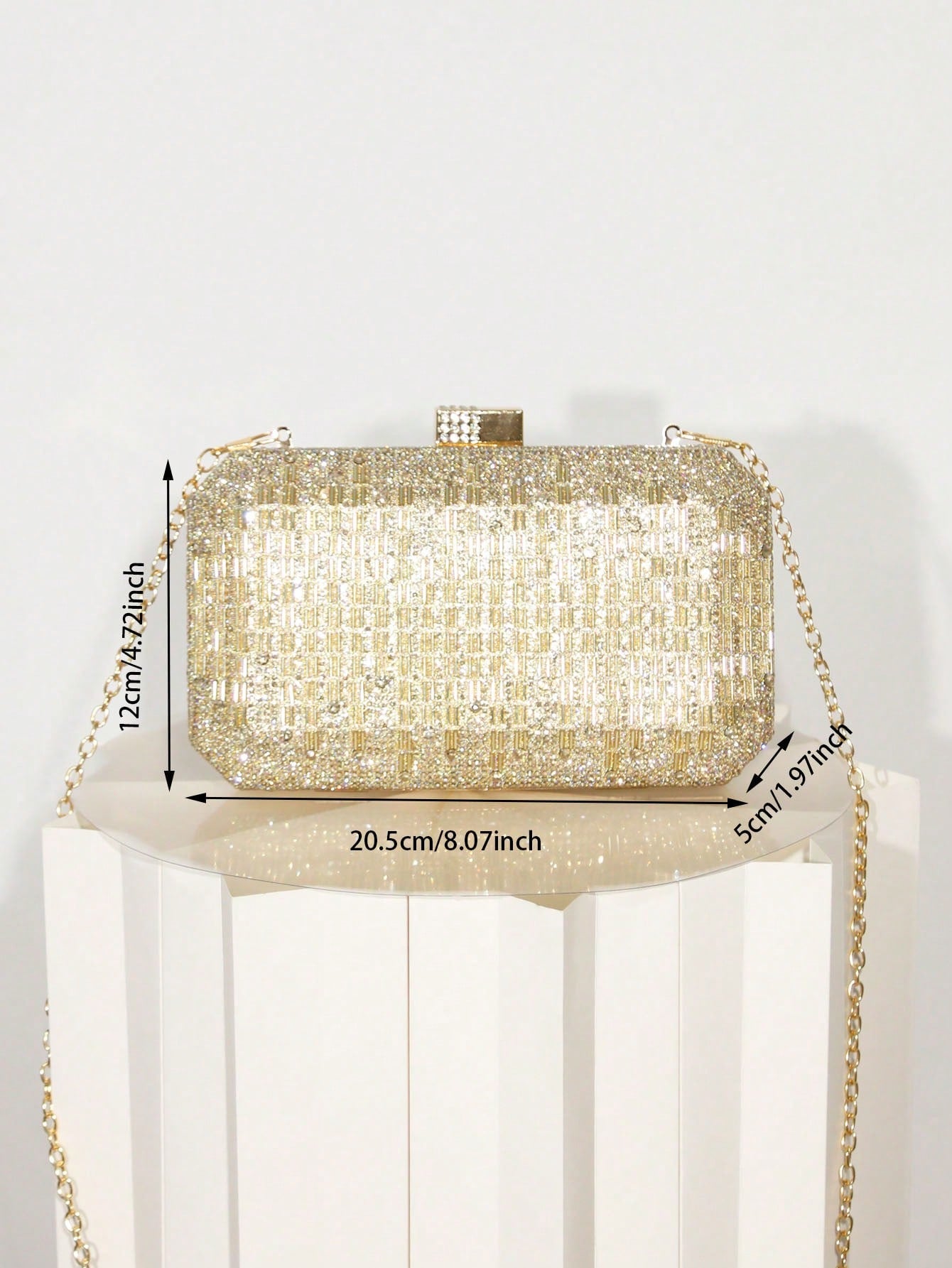 Women's Gold Rhinestone Grid Evening Clutch, Hard Shell Rectangle Purse With Detachable Chain, Luxury Sparkly Style, For Wedding, Party Or Prom