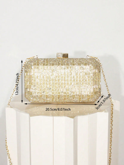 Women's Gold Rhinestone Grid Evening Clutch, Hard Shell Rectangle Purse With Detachable Chain, Luxury Sparkly Style, For Wedding, Party Or Prom