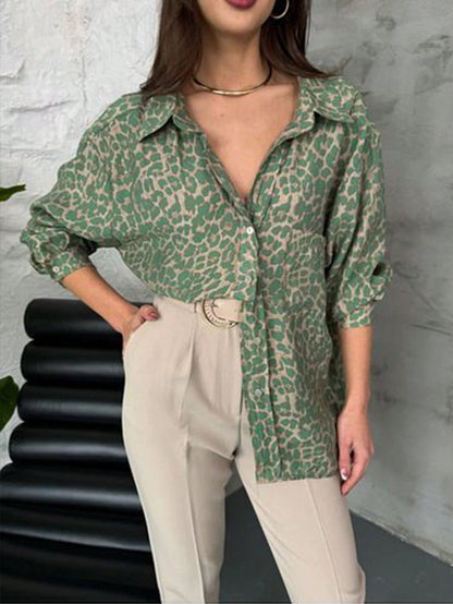 Women's Green Leopard Print Casual Shirt With Pocket & Button Decor, Long Sleeve Top Suitable For Spring And Autumn