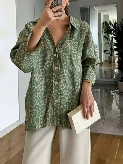 Women's Green Leopard Print Casual Shirt With Pocket & Button Decor, Long Sleeve Top Suitable For Spring And Autumn