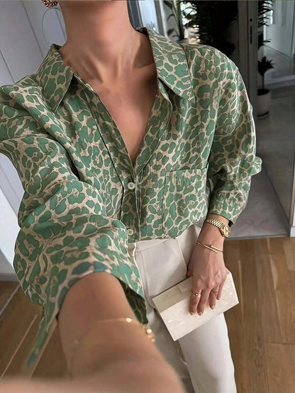 Women's Green Leopard Print Casual Shirt With Pocket & Button Decor, Long Sleeve Top Suitable For Spring And Autumn
