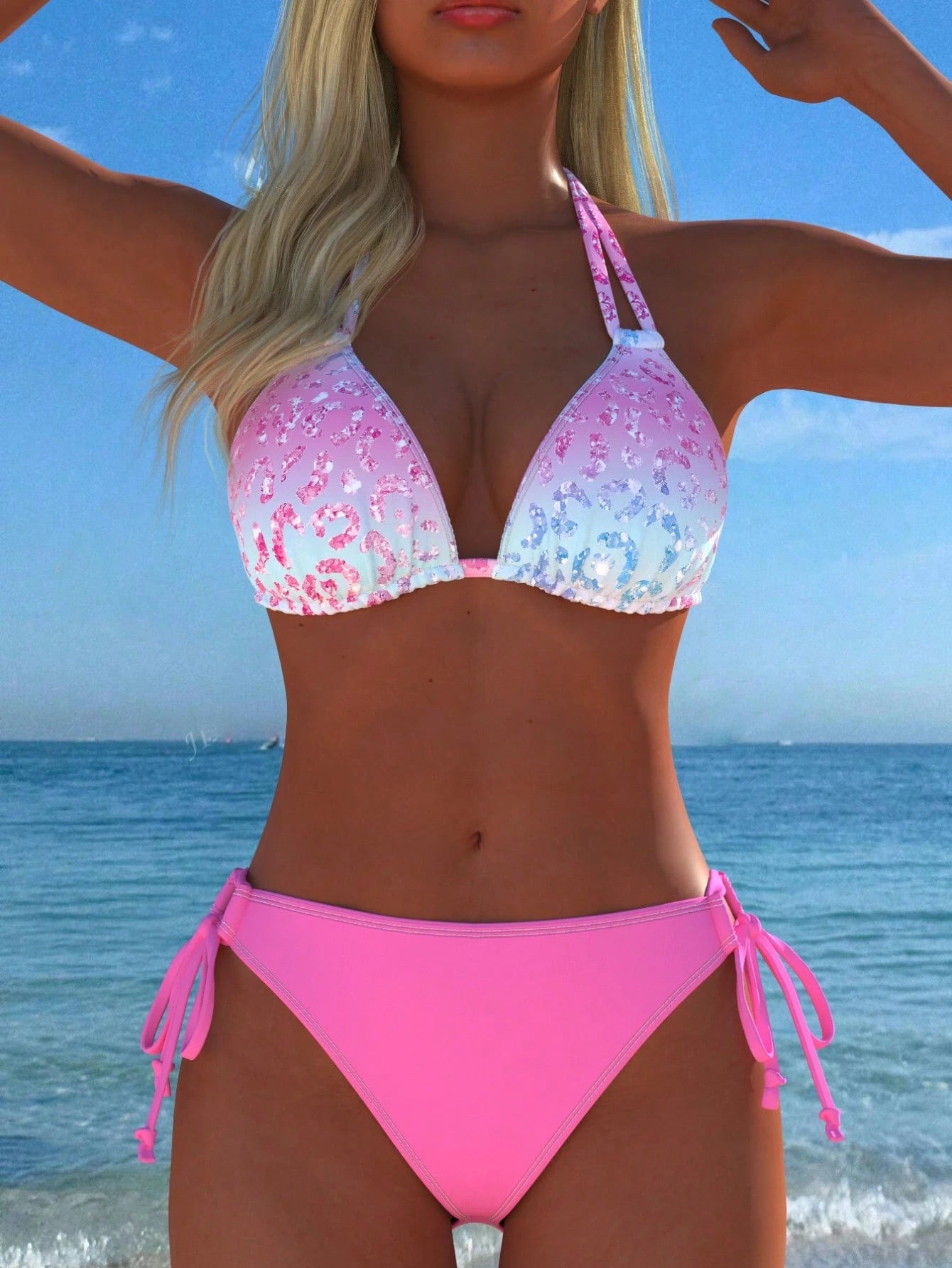 Women's Halter Neck Gradient Animal Print Bikini Set, Sexy Two Pieces Swimwear With Side Tie Bottoms, New Holiday Style Vacation Beach Summer