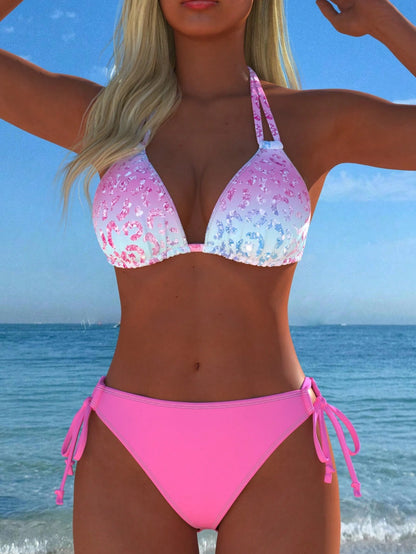 Women's Halter Neck Gradient Animal Print Bikini Set, Sexy Two Pieces Swimwear With Side Tie Bottoms, New Holiday Style Vacation Beach Summer