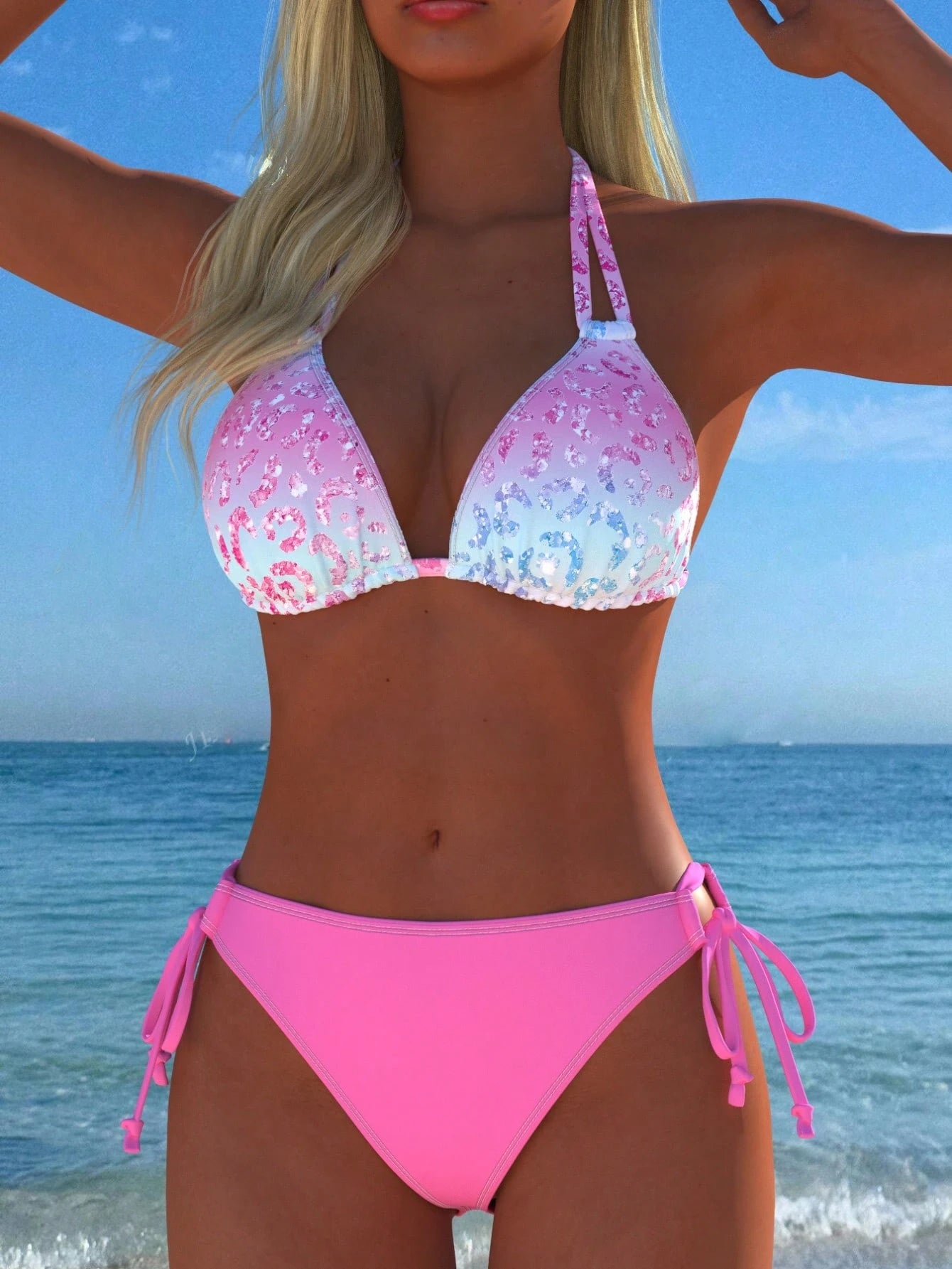 Women's Halter Neck Gradient Animal Print Bikini Set, Sexy Two Pieces Swimwear With Side Tie Bottoms, New Holiday Style Vacation Beach Summer