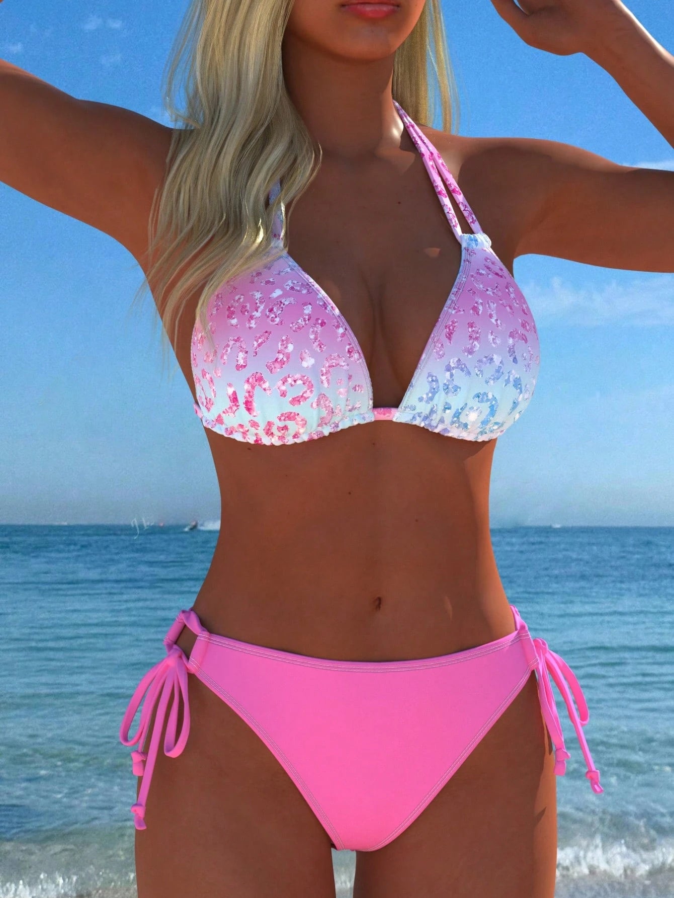 Women's Halter Neck Gradient Animal Print Bikini Set, Sexy Two Pieces Swimwear With Side Tie Bottoms, New Holiday Style Vacation Beach Summer