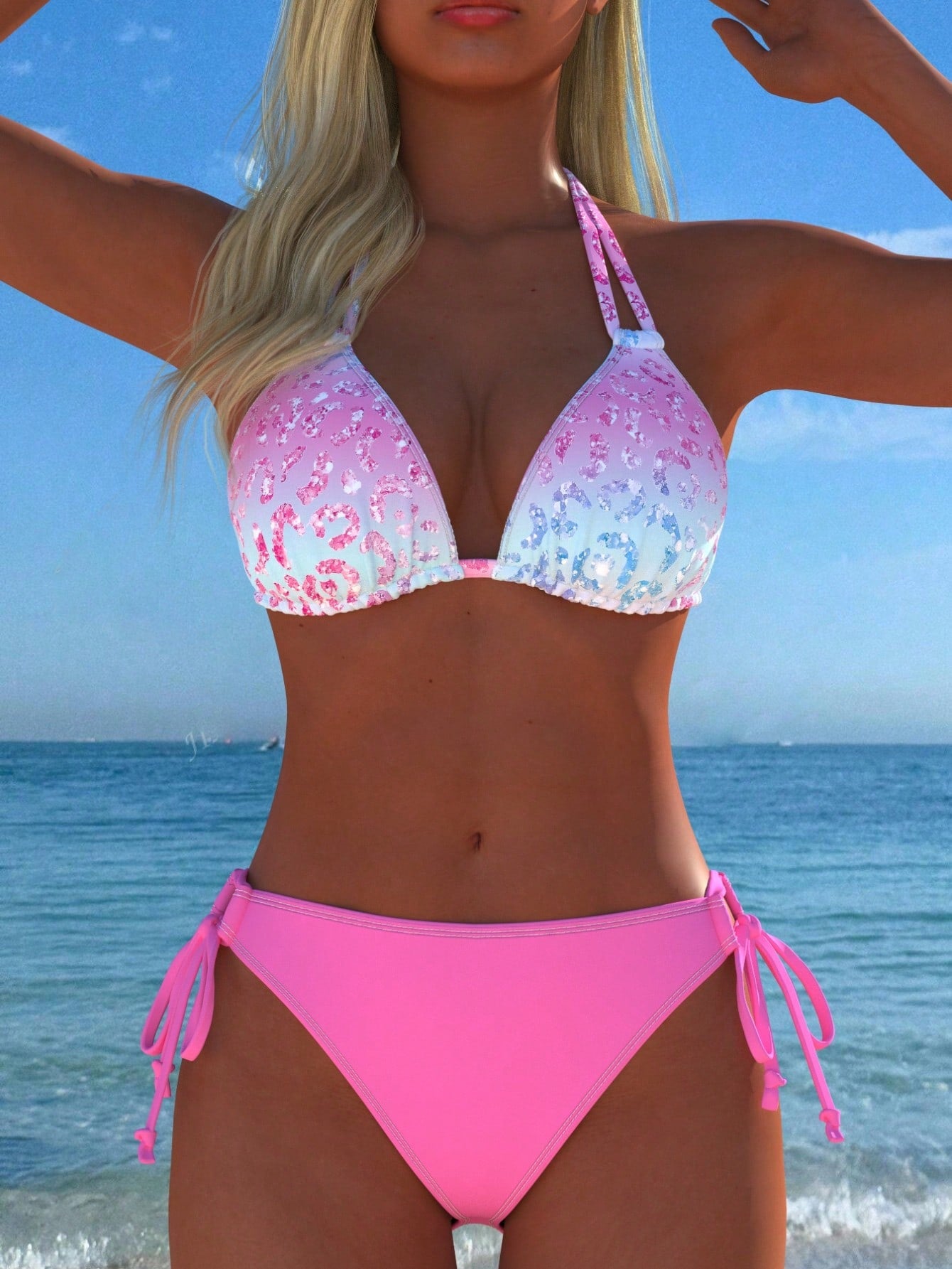 Women's Halter Neck Gradient Animal Print Bikini Set, Sexy Two Pieces Swimwear With Side Tie Bottoms, New Holiday Style Vacation Beach Summer