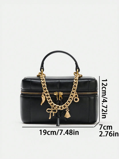 Women's Handheld Crossbody Double Zipper Makeup Bag, Elegant White Cosmetic Bag With Piping Details And Charms Decoration, Adjustable And Detachable Crossbody Strap