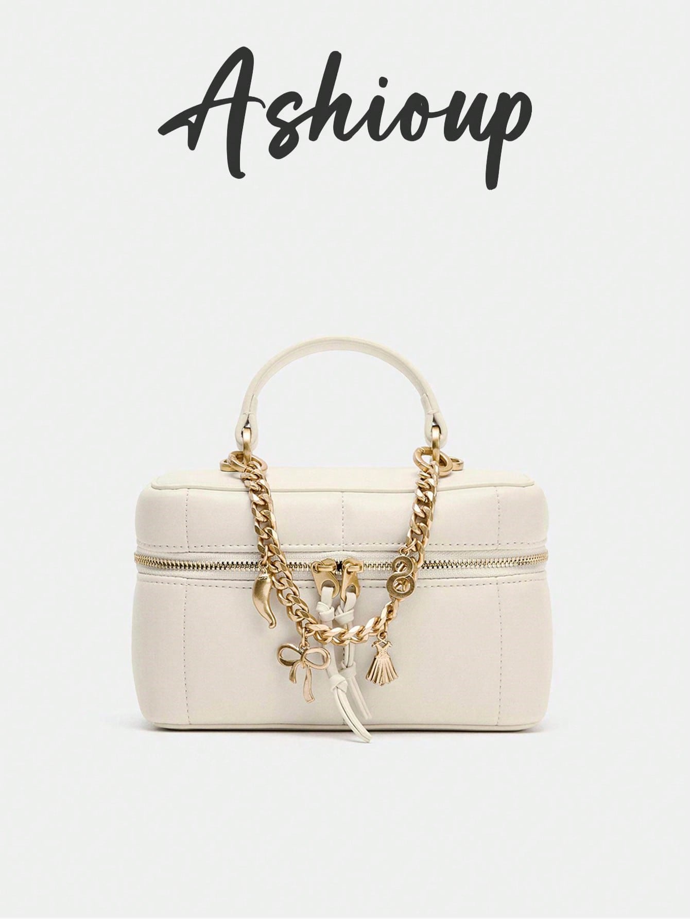Women's Handheld Crossbody Double Zipper Makeup Bag, Elegant White Cosmetic Bag With Piping Details And Charms Decoration, Adjustable And Detachable Crossbody Strap