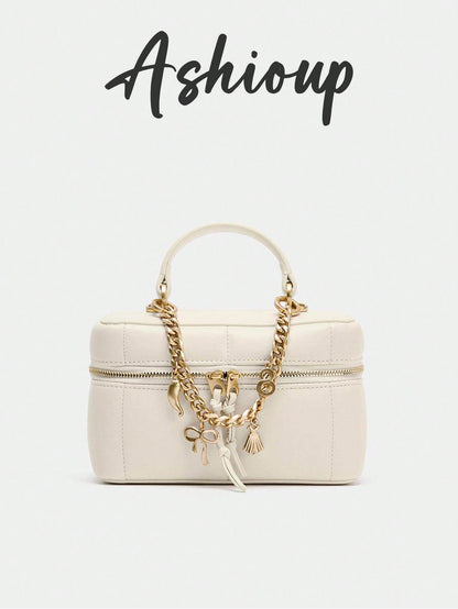 Women's Handheld Crossbody Double Zipper Makeup Bag, Elegant White Cosmetic Bag With Piping Details And Charms Decoration, Adjustable And Detachable Crossbody Strap