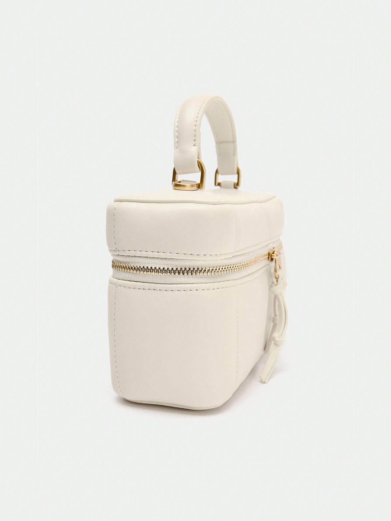 Women's Handheld Crossbody Double Zipper Makeup Bag, Elegant White Cosmetic Bag With Piping Details And Charms Decoration, Adjustable And Detachable Crossbody Strap