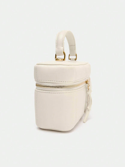 Women's Handheld Crossbody Double Zipper Makeup Bag, Elegant White Cosmetic Bag With Piping Details And Charms Decoration, Adjustable And Detachable Crossbody Strap