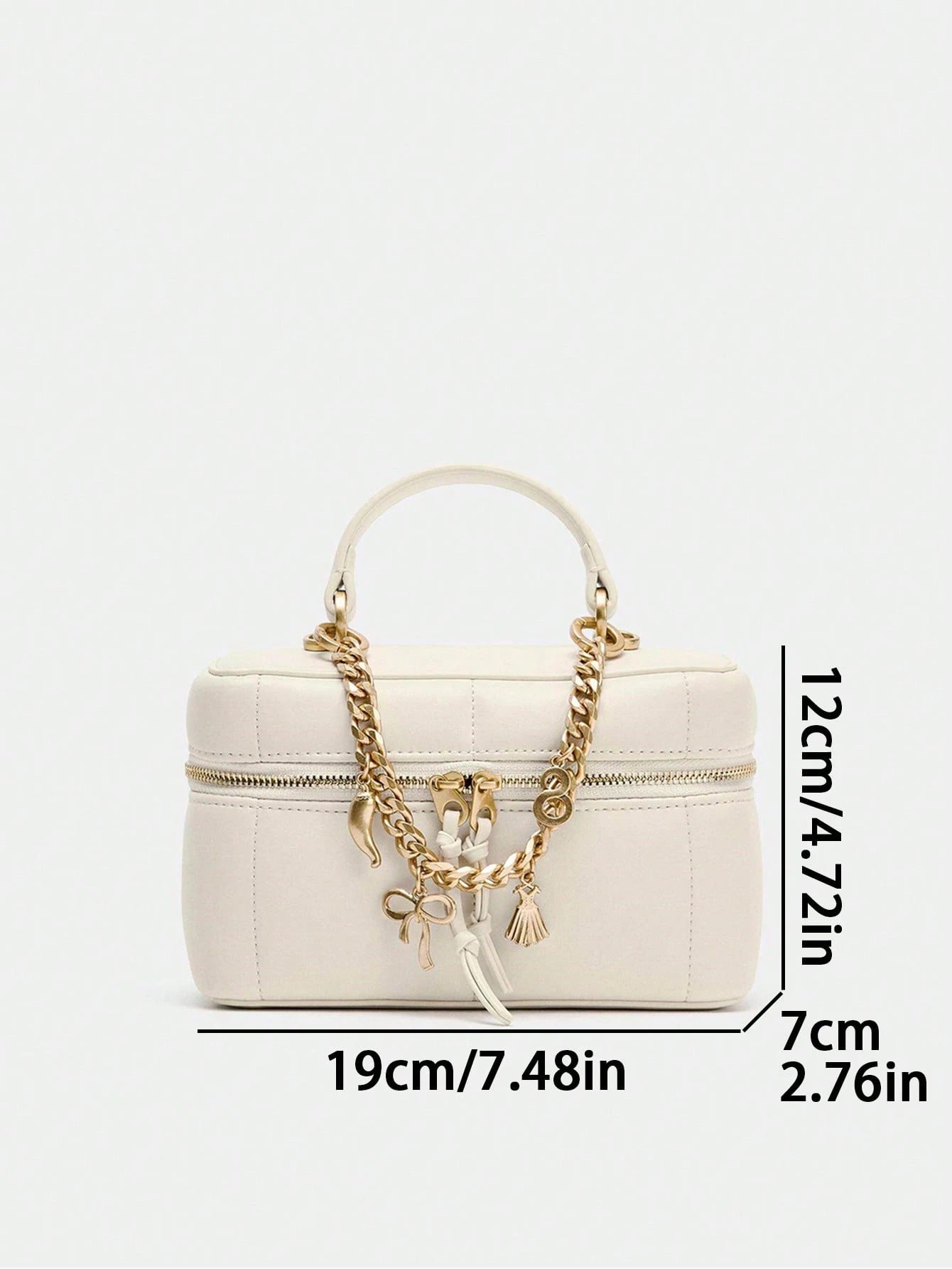 Women's Handheld Crossbody Double Zipper Makeup Bag, Elegant White Cosmetic Bag With Piping Details And Charms Decoration, Adjustable And Detachable Crossbody Strap
