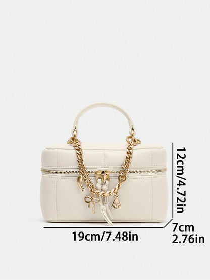 Women's Handheld Crossbody Double Zipper Makeup Bag, Elegant White Cosmetic Bag With Piping Details And Charms Decoration, Adjustable And Detachable Crossbody Strap