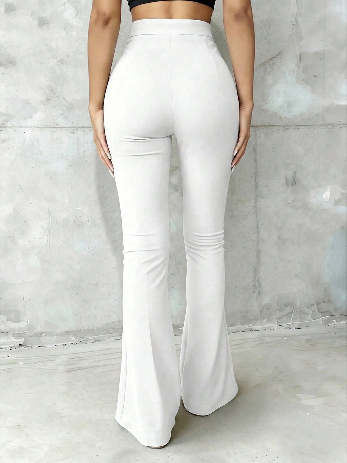 Women's High Waist Black Flare Pants, Front Seam Detail, Button Closure, Stretch Fabric, Please Wear Nude Underwear White