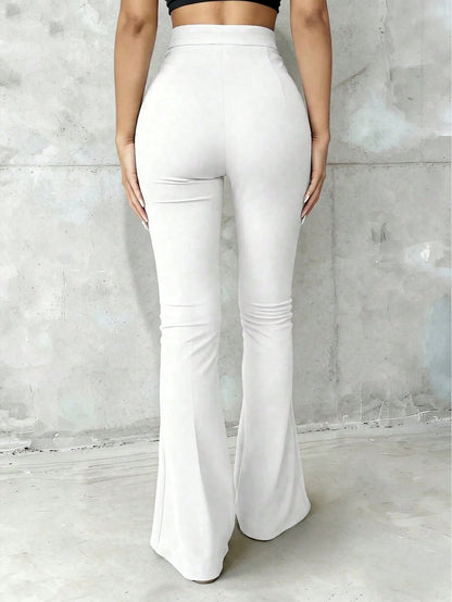 Women's High Waist Black Flare Pants, Front Seam Detail, Button Closure, Stretch Fabric, Please Wear Nude Underwear White