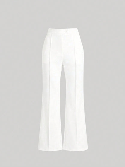 Women's High Waist Black Flare Pants, Front Seam Detail, Button Closure, Stretch Fabric, Please Wear Nude Underwear White