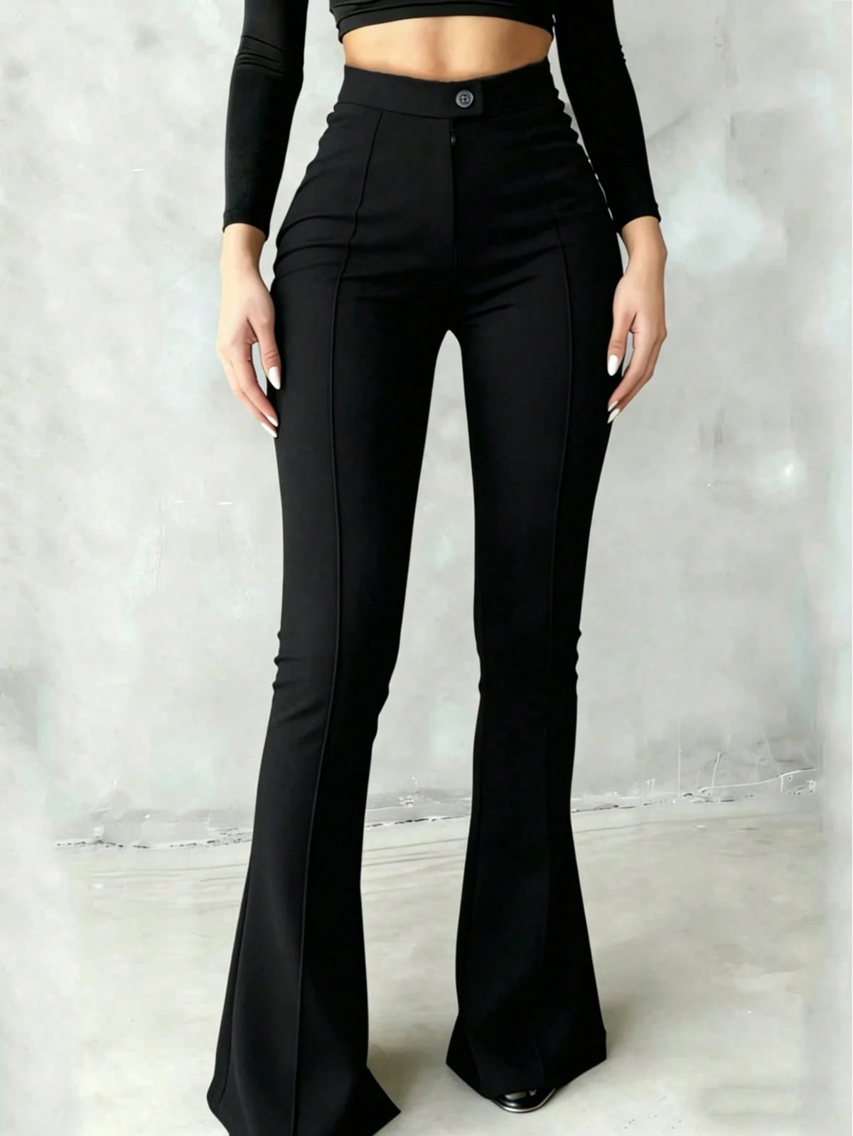 Women's High Waist Black Flare Pants, Front Seam Detail, Button Closure, Stretch Fabric, Please Wear Nude Underwear White