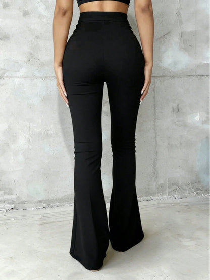 Women's High Waist Black Flare Pants, Front Seam Detail, Button Closure, Stretch Fabric, Please Wear Nude Underwear White