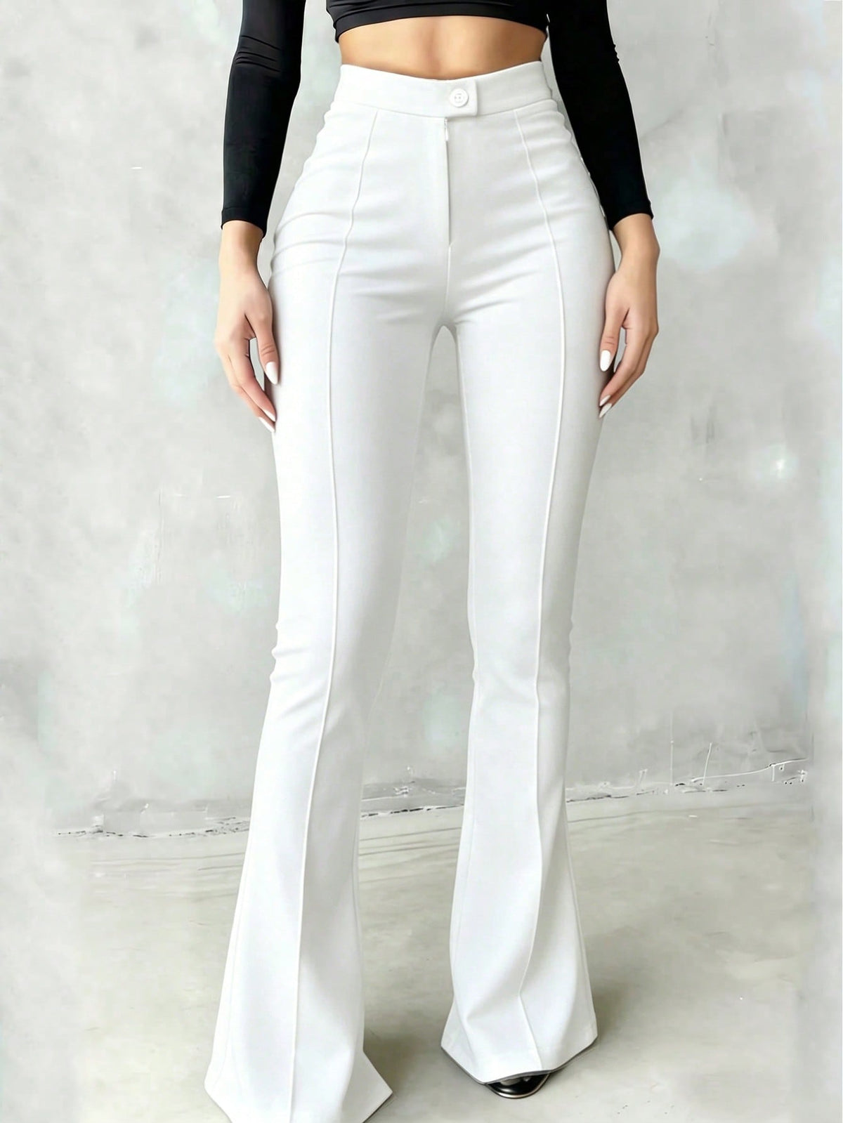 Women's High Waist Black Flare Pants, Front Seam Detail, Button Closure, Stretch Fabric, Please Wear Nude Underwear White