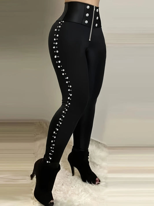 Women's High Waist Faux Leather Skinny Pants, With Side Rivet Decor, Front Zipper Design Black Spring