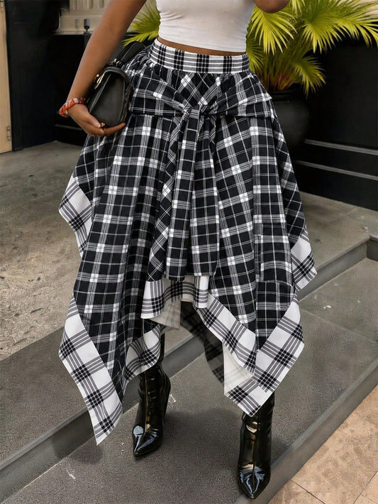 Women's High Waist Loose Tie Plaid Skirt, Blue & Yellow Contrast Plaid, Summer Luxury Rock Style Vacation Black