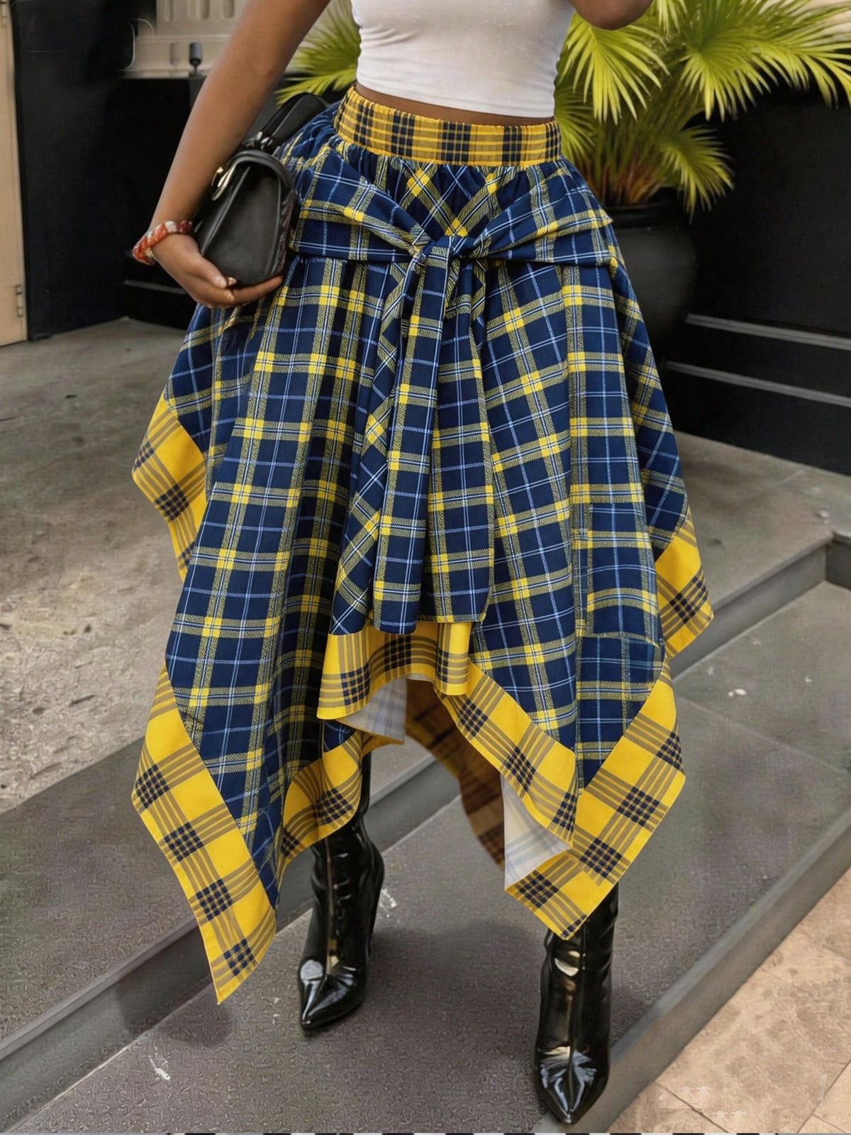 Women's High Waist Loose Tie Plaid Skirt, Blue & Yellow Contrast Plaid, Summer Luxury Rock Style Vacation Black