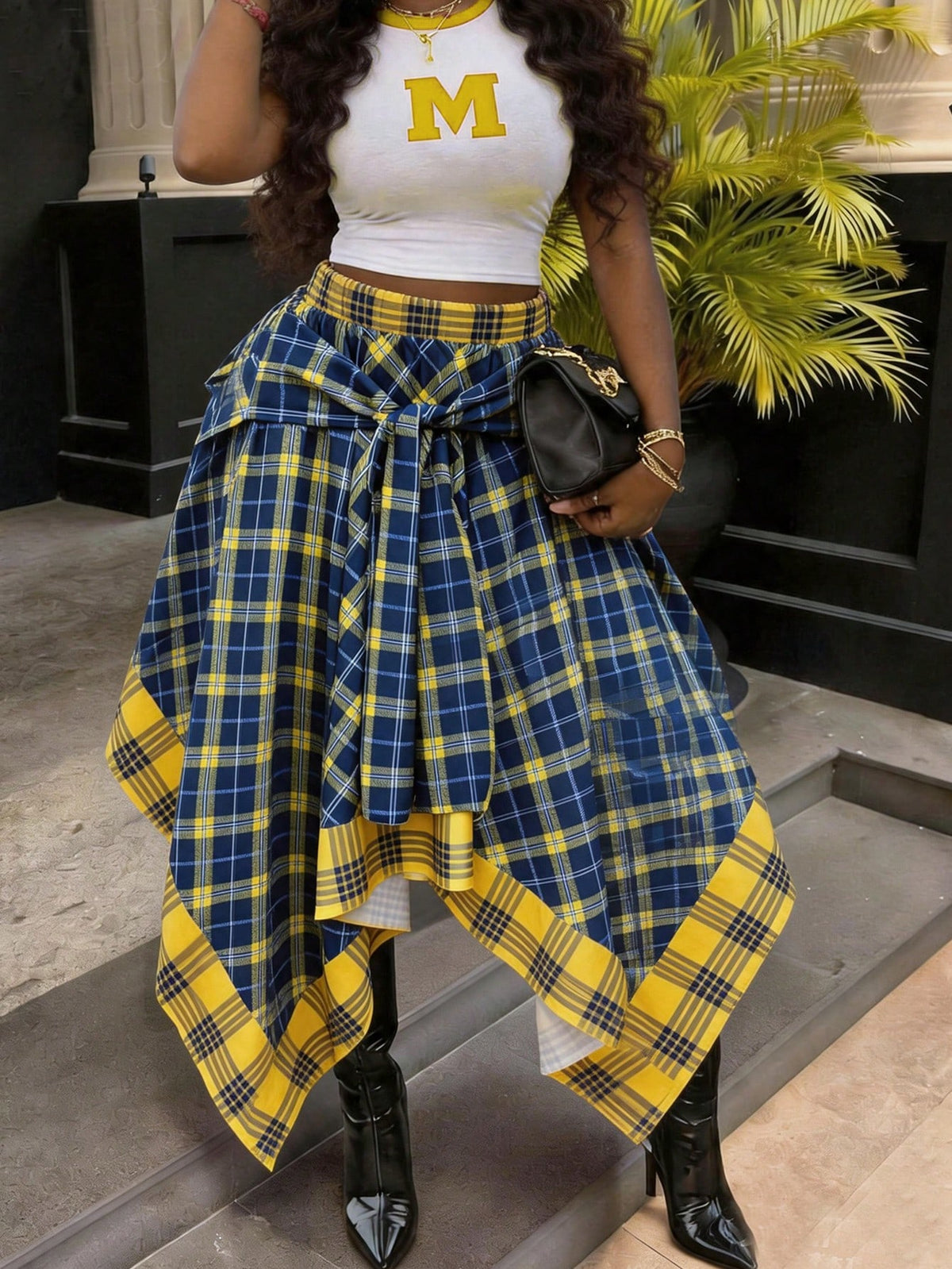 Women's High Waist Loose Tie Plaid Skirt, Blue & Yellow Contrast Plaid, Summer Luxury Rock Style Vacation Black