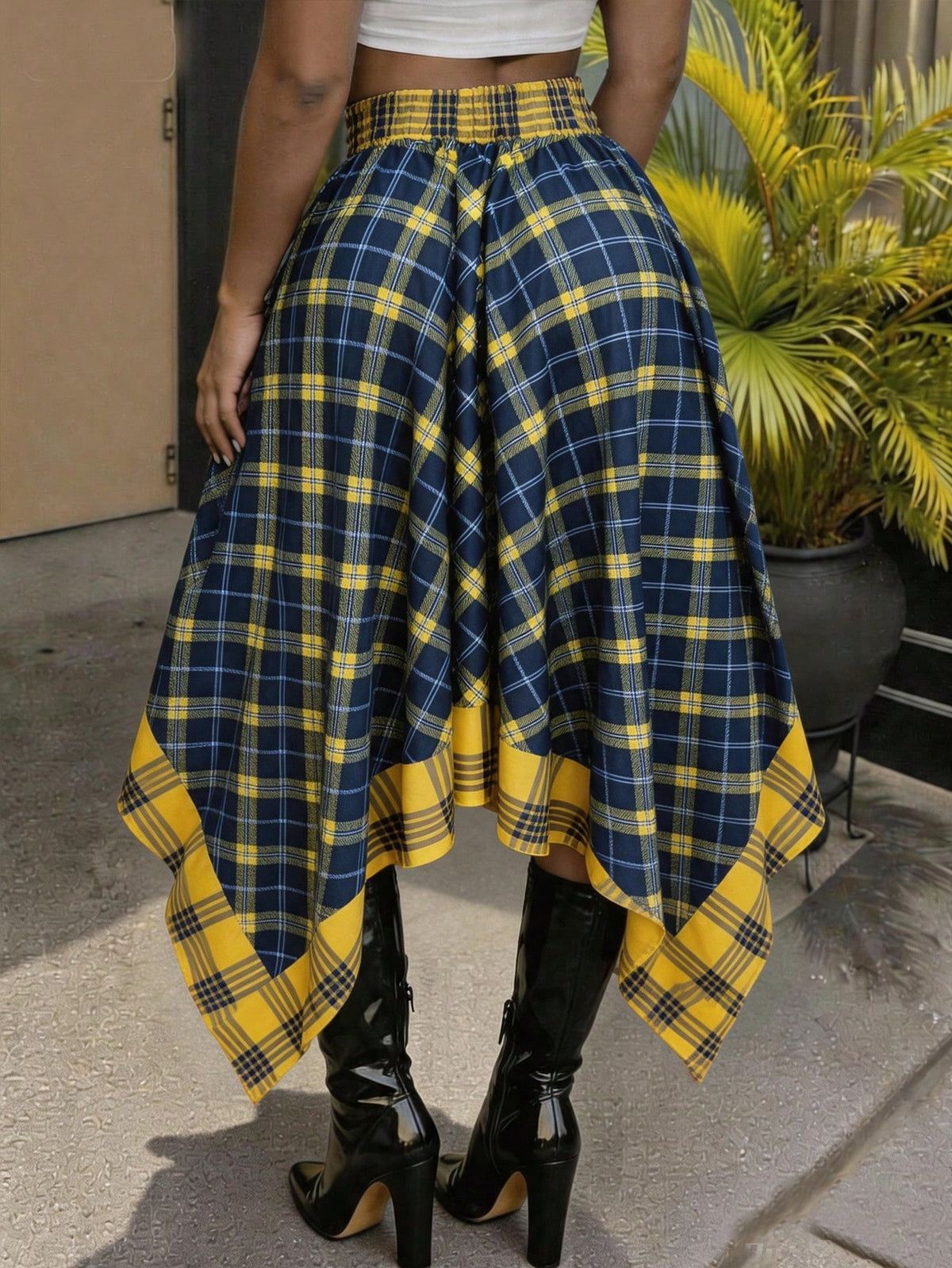 Women's High Waist Loose Tie Plaid Skirt, Blue & Yellow Contrast Plaid, Summer Luxury Rock Style Vacation Black