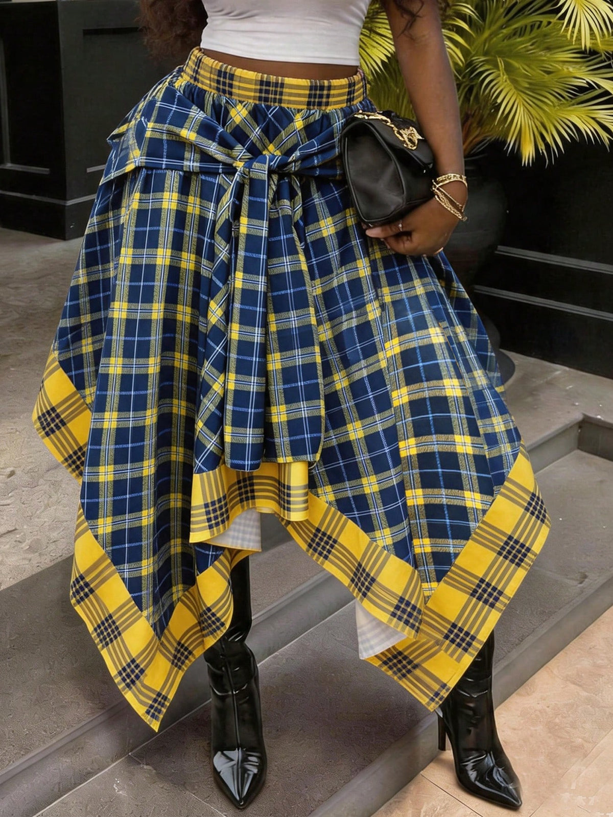 Women's High Waist Loose Tie Plaid Skirt, Blue & Yellow Contrast Plaid, Summer Luxury Rock Style Vacation Black
