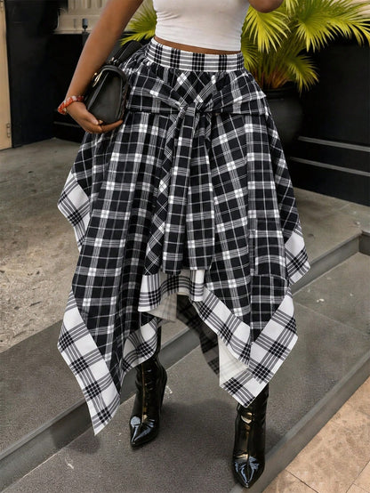 Women's High Waist Loose Tie Plaid Skirt, Blue & Yellow Contrast Plaid, Summer Luxury Rock Style Vacation Black