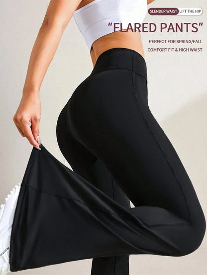 Women's High Waist Solid Color Flare Leggings, Compression Yoga Pants, Running Fitness Leggings Black