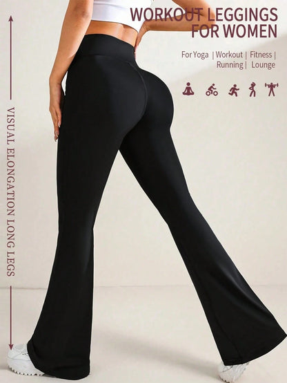 Women's High Waist Solid Color Flare Leggings, Compression Yoga Pants, Running Fitness Leggings Black
