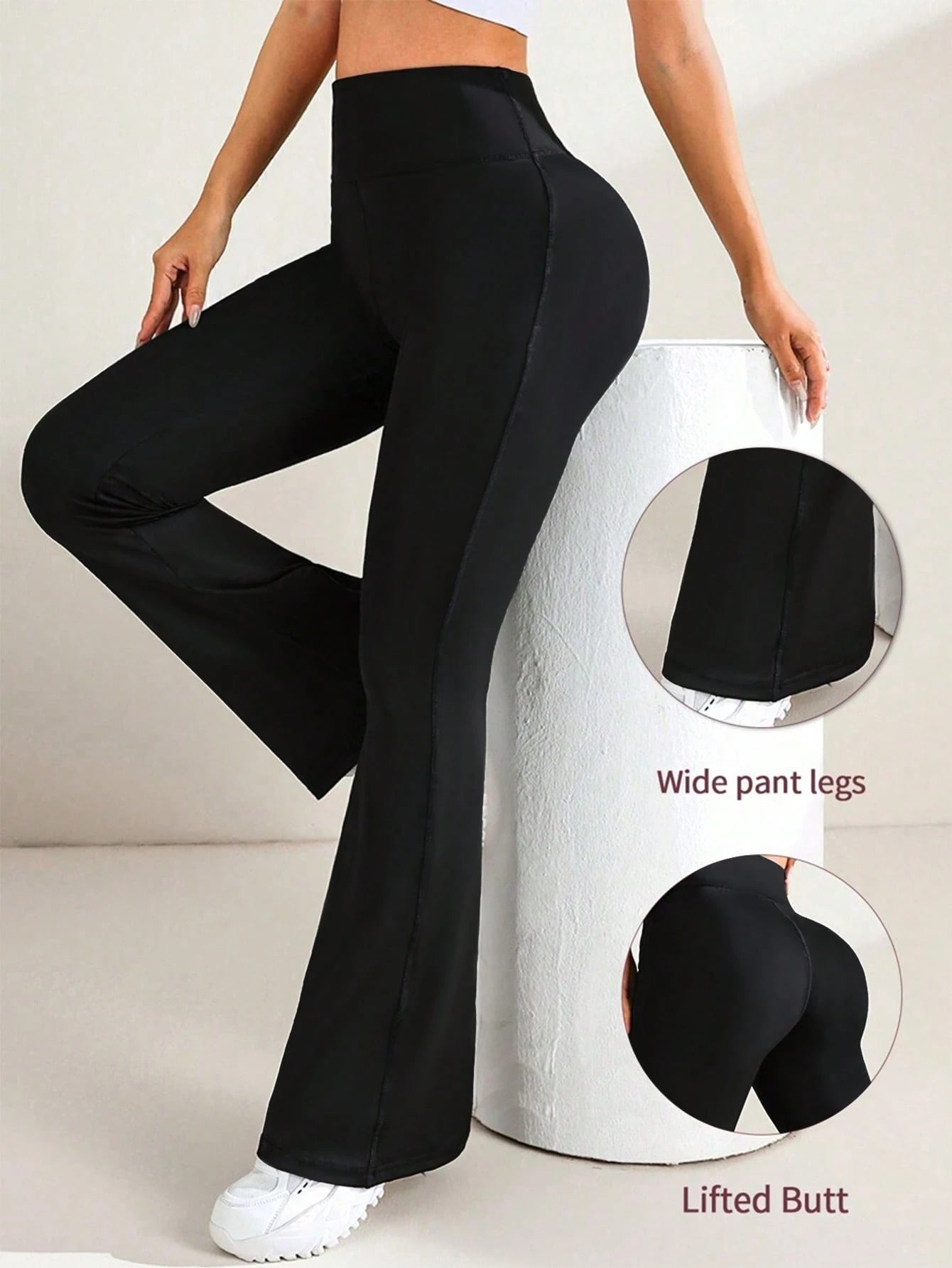 Women's High Waist Solid Color Flare Leggings, Compression Yoga Pants, Running Fitness Leggings Black