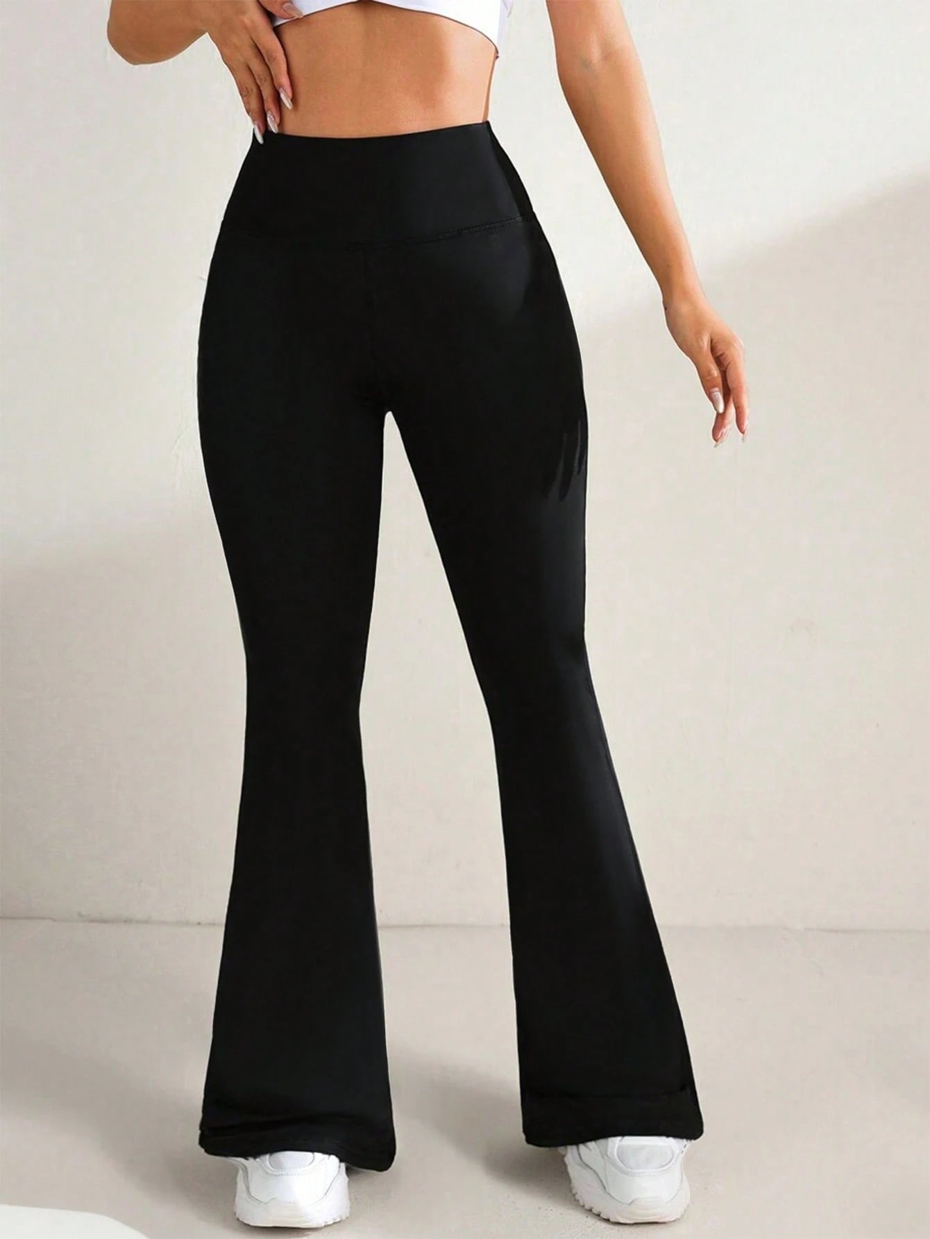 Women's High Waist Solid Color Flare Leggings, Compression Yoga Pants, Running Fitness Leggings Black