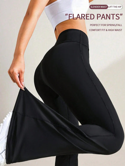 Women's High Waist Solid Color Flare Leggings, Compression Yoga Pants, Running Fitness Leggings Black