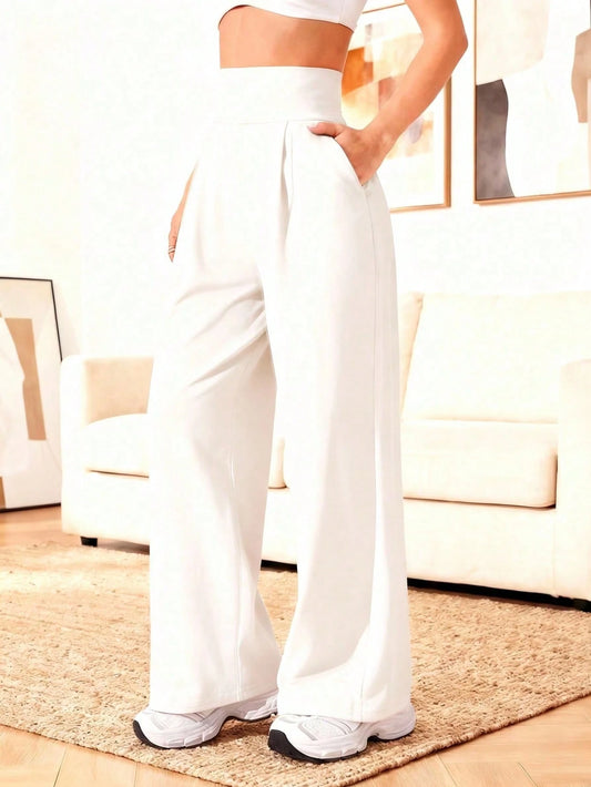 Women's High Waist Wide Leg Pants With Pockets, Pure Black Sports Yoga Pants, Loose Casual Jogging Pants, Daily Elegant Minimalist Style White