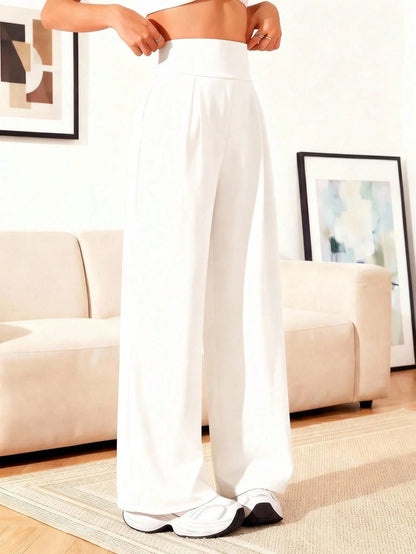 Women's High Waist Wide Leg Pants With Pockets, Pure Black Sports Yoga Pants, Loose Casual Jogging Pants, Daily Elegant Minimalist Style White