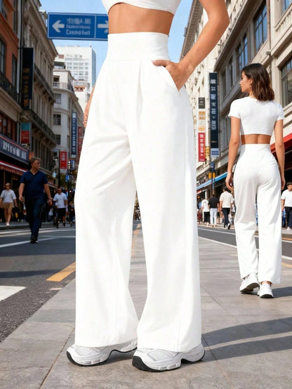 Women's High Waist Wide Leg Pants With Pockets, Pure Black Sports Yoga Pants, Loose Casual Jogging Pants, Daily Elegant Minimalist Style White