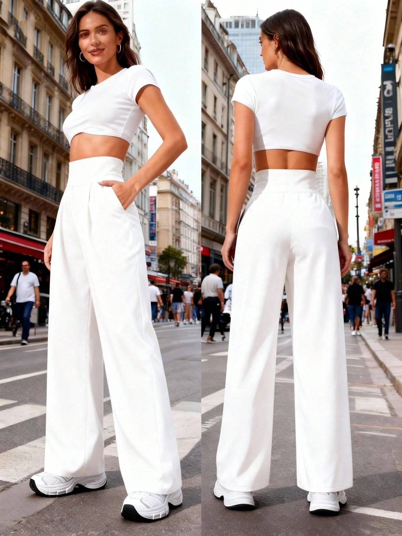 Women's High Waist Wide Leg Pants With Pockets, Pure Black Sports Yoga Pants, Loose Casual Jogging Pants, Daily Elegant Minimalist Style White