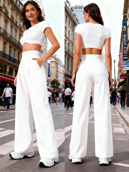 Women's High Waist Wide Leg Pants With Pockets, Pure Black Sports Yoga Pants, Loose Casual Jogging Pants, Daily Elegant Minimalist Style White