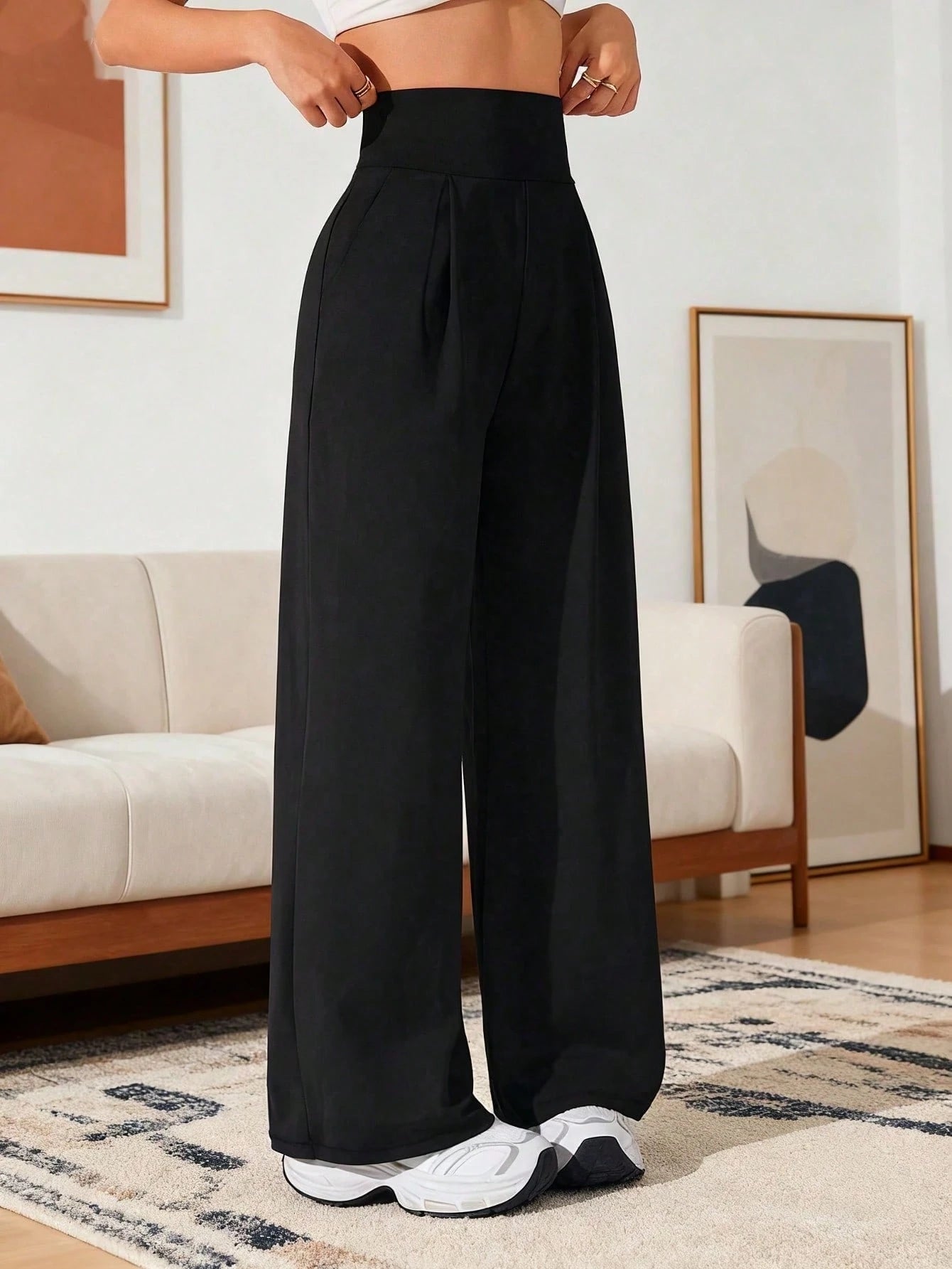 Women's High Waist Wide Leg Pants With Pockets, Pure Black Sports Yoga Pants, Loose Casual Jogging Pants, Daily Elegant Minimalist Style White