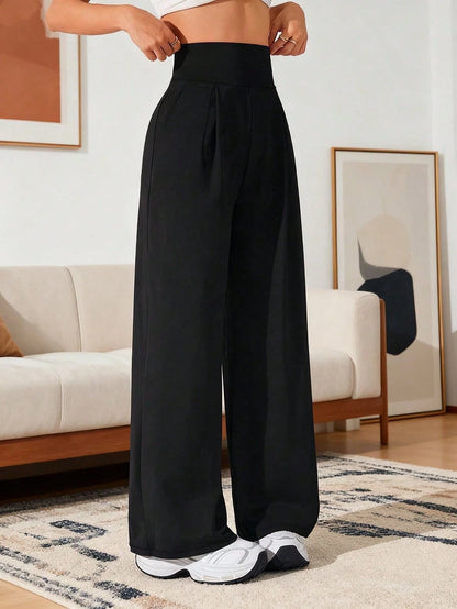 Women's High Waist Wide Leg Pants With Pockets, Pure Black Sports Yoga Pants, Loose Casual Jogging Pants, Daily Elegant Minimalist Style White