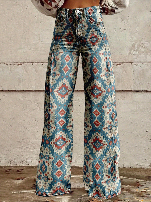 Women's High-Waisted Wide-Leg Imitation Denim Imitation Denim Jeans Turquoise Blue/Beige/White/Red Southwestern Print Pants, Beltless Button Closure, H-Line Silhouette & Pockets, Machine Washable All