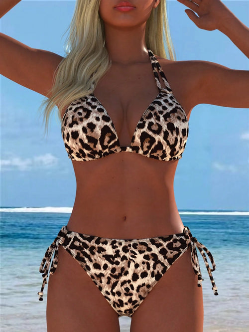 Women's Leopard Print Halter Bikini Set 2-Piece Swimsuit, Triangle Top With Tie-Side Bottoms, New Holiday Summer Vacation Travel Outfit Beach