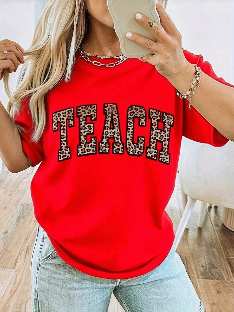 Women's Leopard Print Teacher T-Shirt- Comfortable Round Neck Short Sleeve With LEOPARD SPOT TEACH Design And School Team Letters- Casual Top