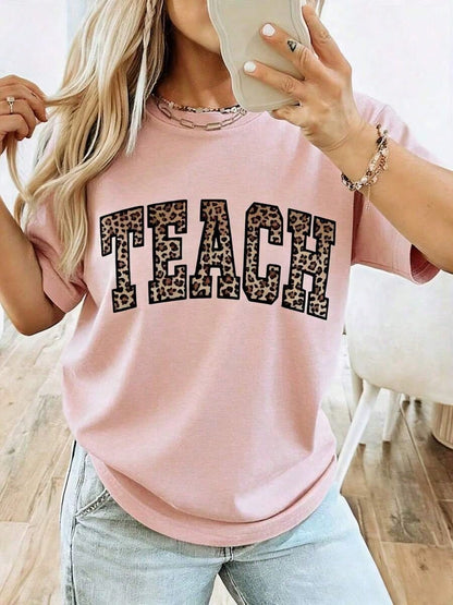 Women's Leopard Print Teacher T-Shirt- Comfortable Round Neck Short Sleeve With LEOPARD SPOT TEACH Design And School Team Letters- Casual Top