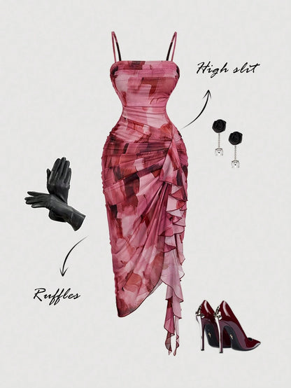 Women's Light Pink Gradient Graphic Print Ruffled Hem Dress, 70's Retro Sexy Summer Asymmetrical Hem Camisole Party Night Out Valentine's Day Costume