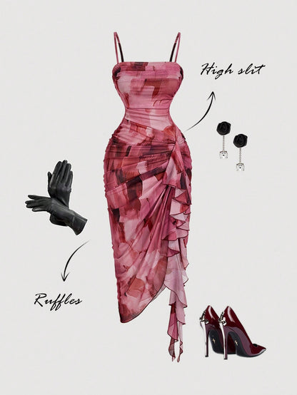 Women's Light Pink Gradient Graphic Print Ruffled Hem Dress, 70's Retro Sexy Summer Asymmetrical Hem Camisole Party Night Out Valentine's Day Costume