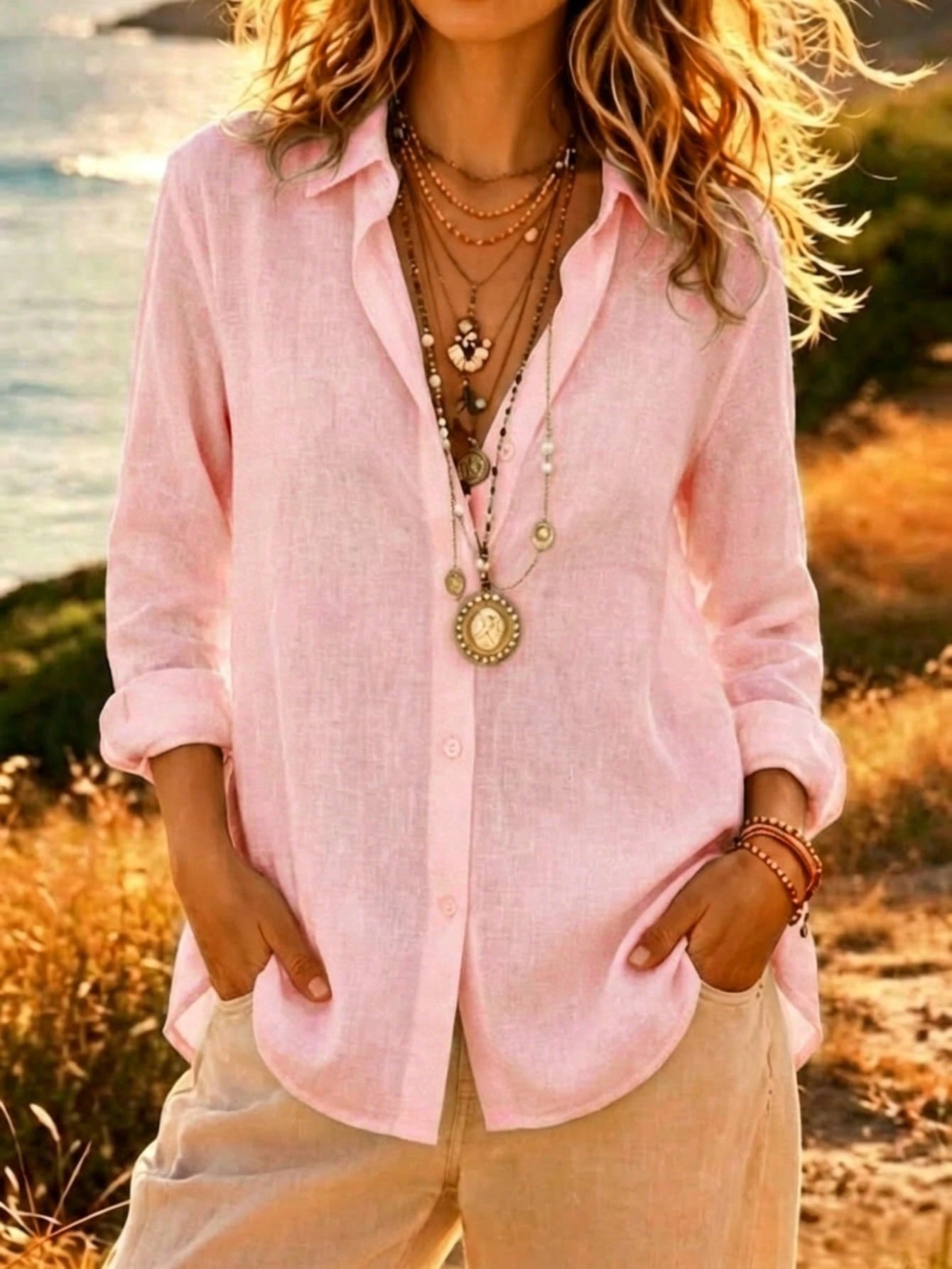 Women's Linen Button Down Shirts Long Sleeve Casual Loose Fit Blouse V Neck Summer Tops Pink